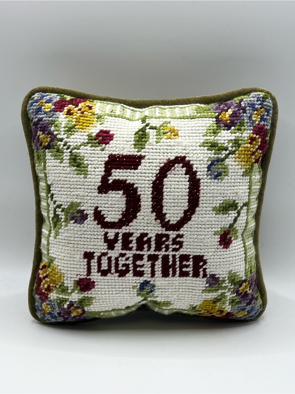 Vintage Embroidered '50 Years Together' Floral Needlepoint Pillow